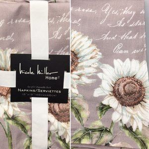 x6 Nicole Miller White Sunflower Script Fall Napkin Set Aqua Gray 18x18" Fabric